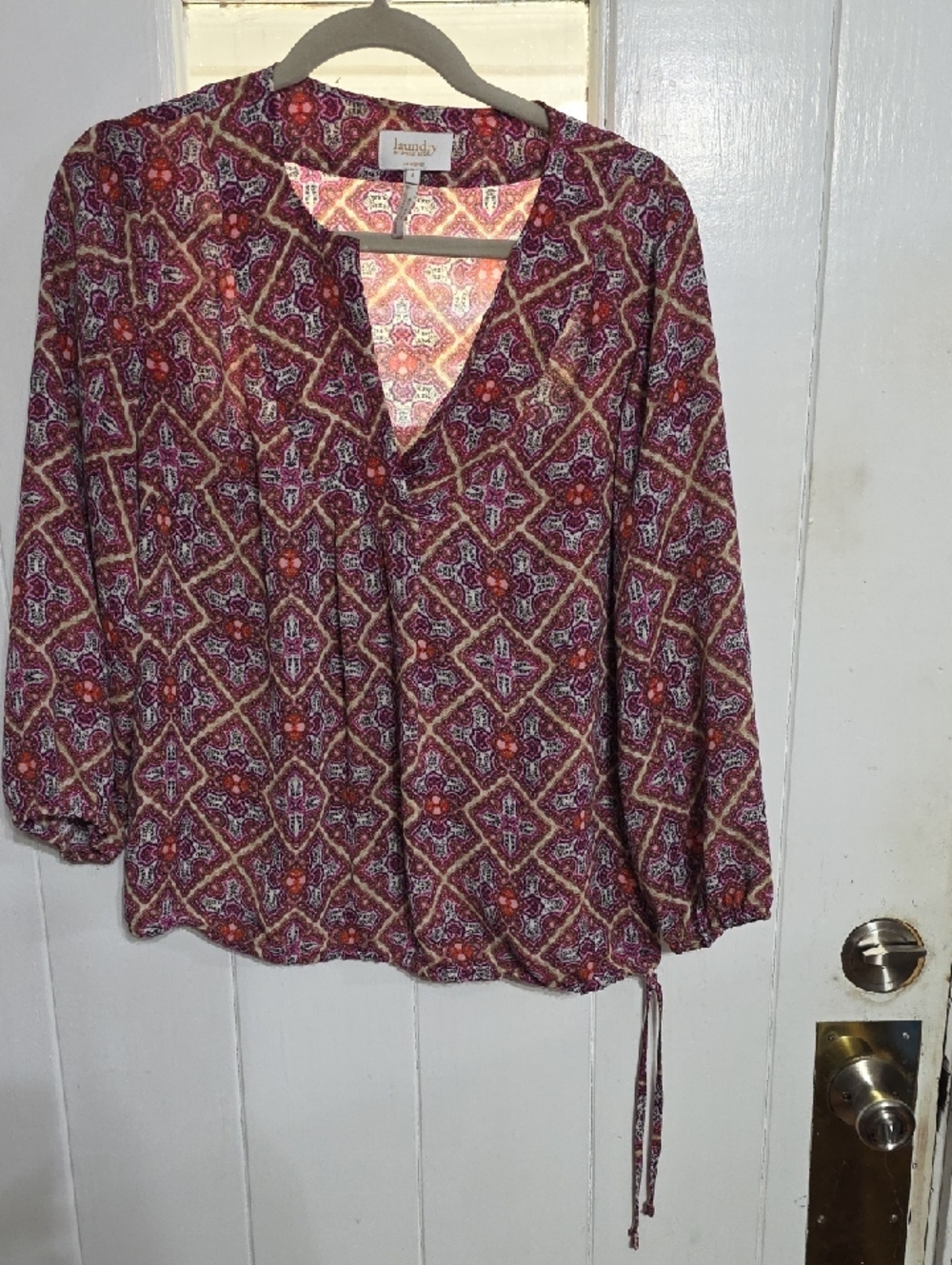 Laundry Women's Printed‎ V-Neck Peasant Blouse Elastic Cuffs Hem Sz L EUC